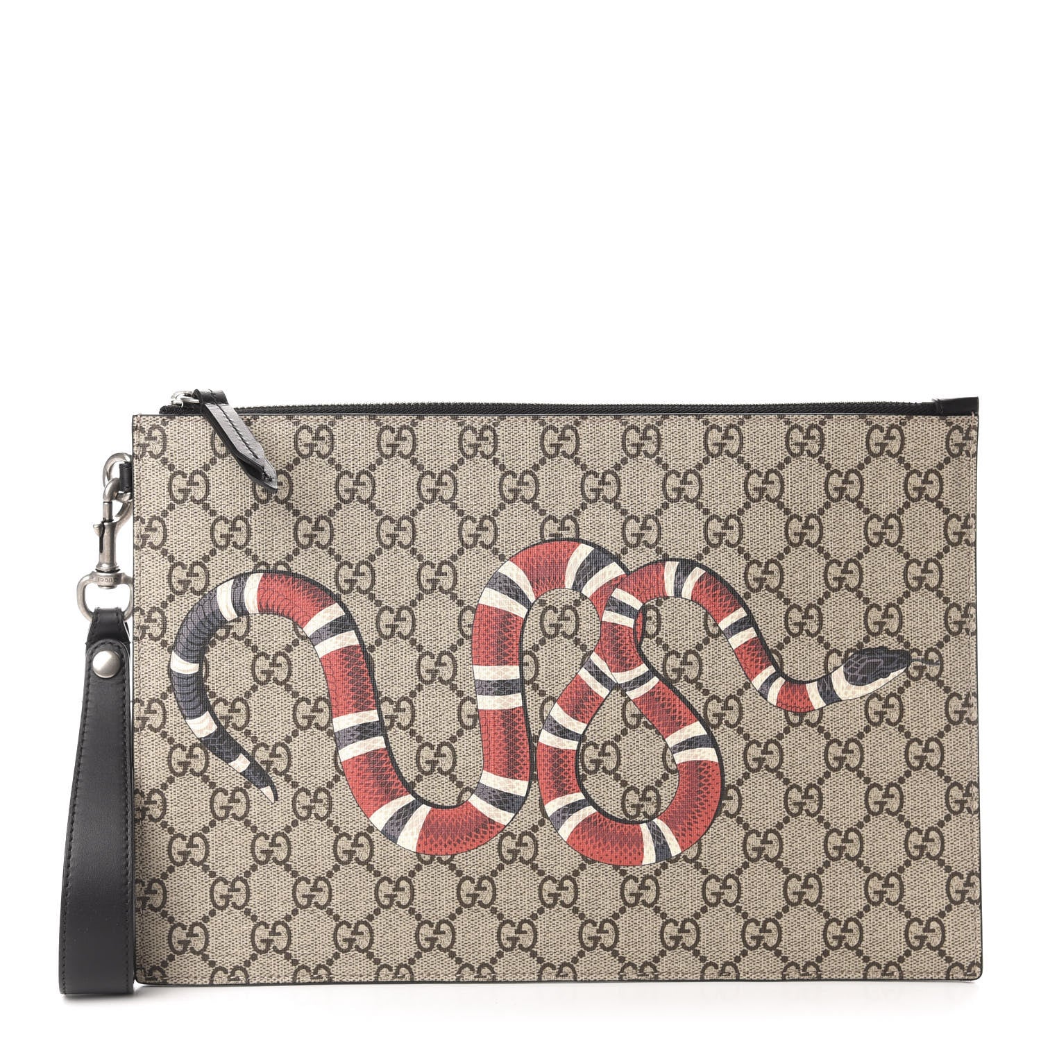 Gucci GG Supreme Monogram Kingsnake Zip Wristlet Pouch Beige Black 1 of 8