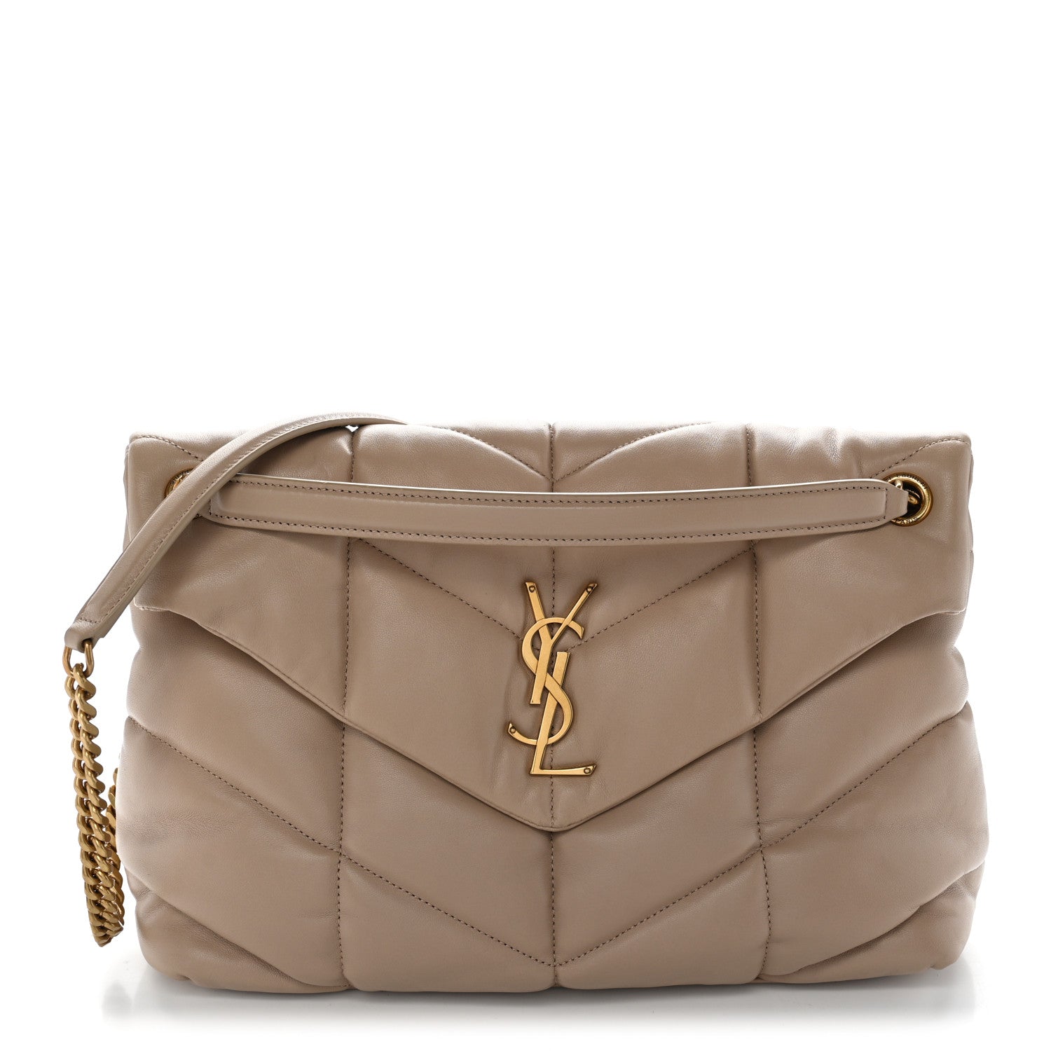 Saint Laurent Lambskin Quilted Medium Loulou Puffer Monogram Chain Satchel Dark Beige 1 of 10