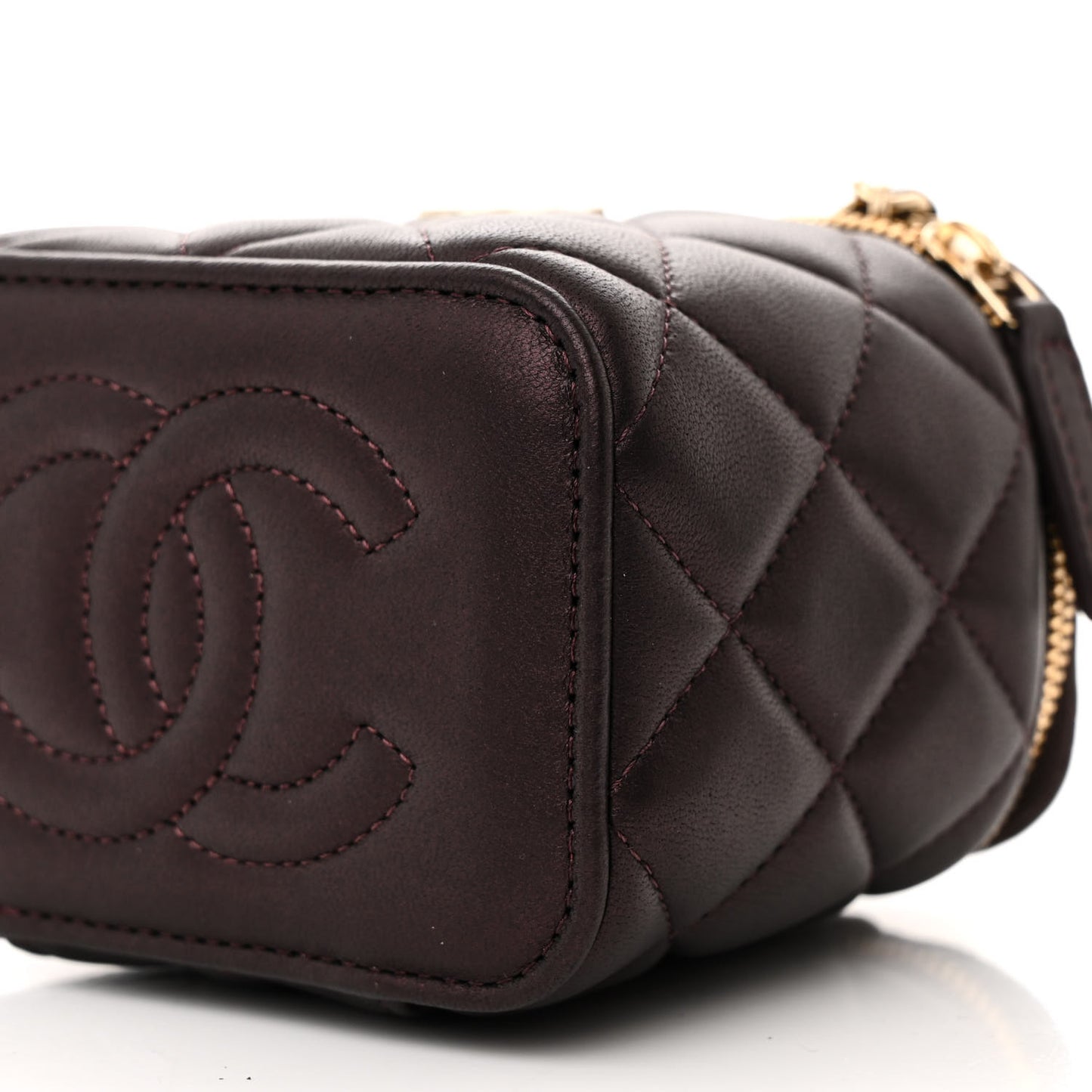 Iridescent Lambskin Quilted Mini Top Handle Vanity Case With Chain Burgundy