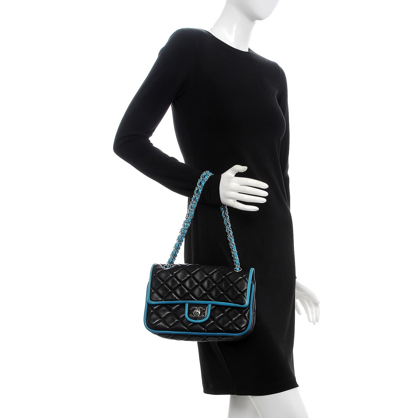 Lambskin Quilted Medium Double Flap Black Turquoise