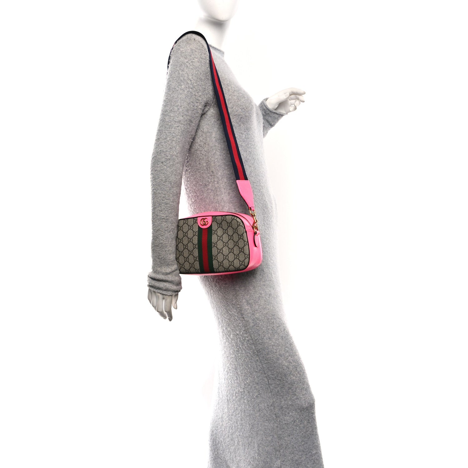 Gucci GG Supreme Monogram Textured Dollar Calfskin Web Ophidia Small Crossbody Bag Beige Ebony Fuchsia 2 of 10