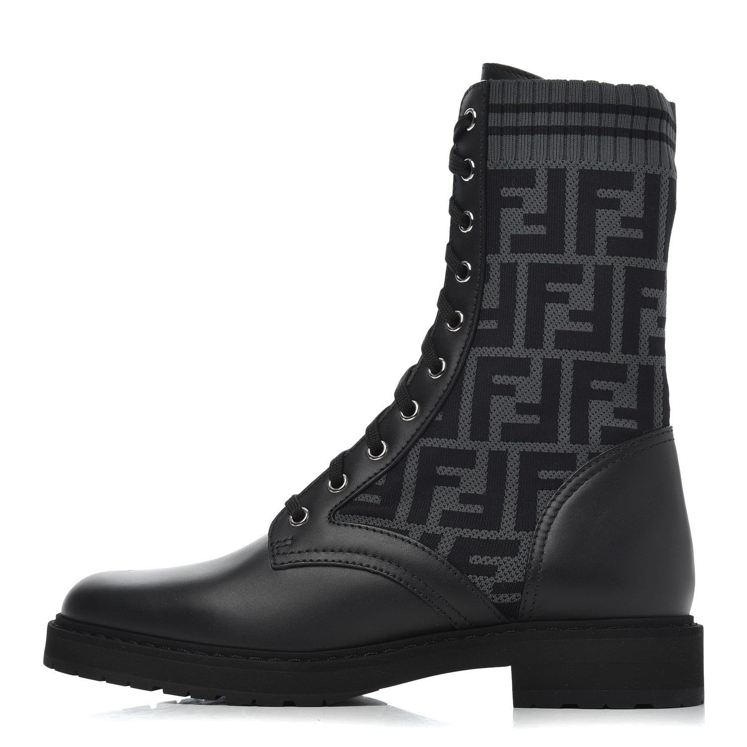 Fendi Calfskin Stretch Fabric FF Rockoko Biker Boots 40 Black Charcoal 1 of 8