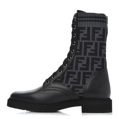 Fendi Calfskin Stretch Fabric FF Rockoko Biker Boots 40 Black Charcoal 1 of 8