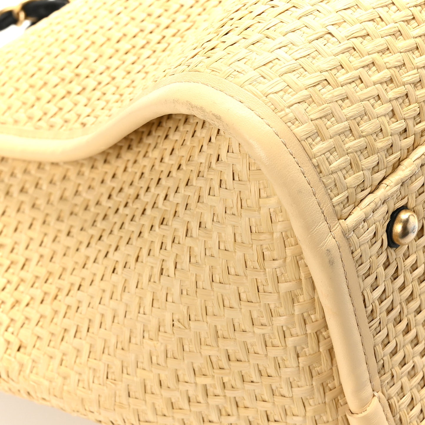 Straw Raffia Calfskin Chain Deauville Tote Beige Black
