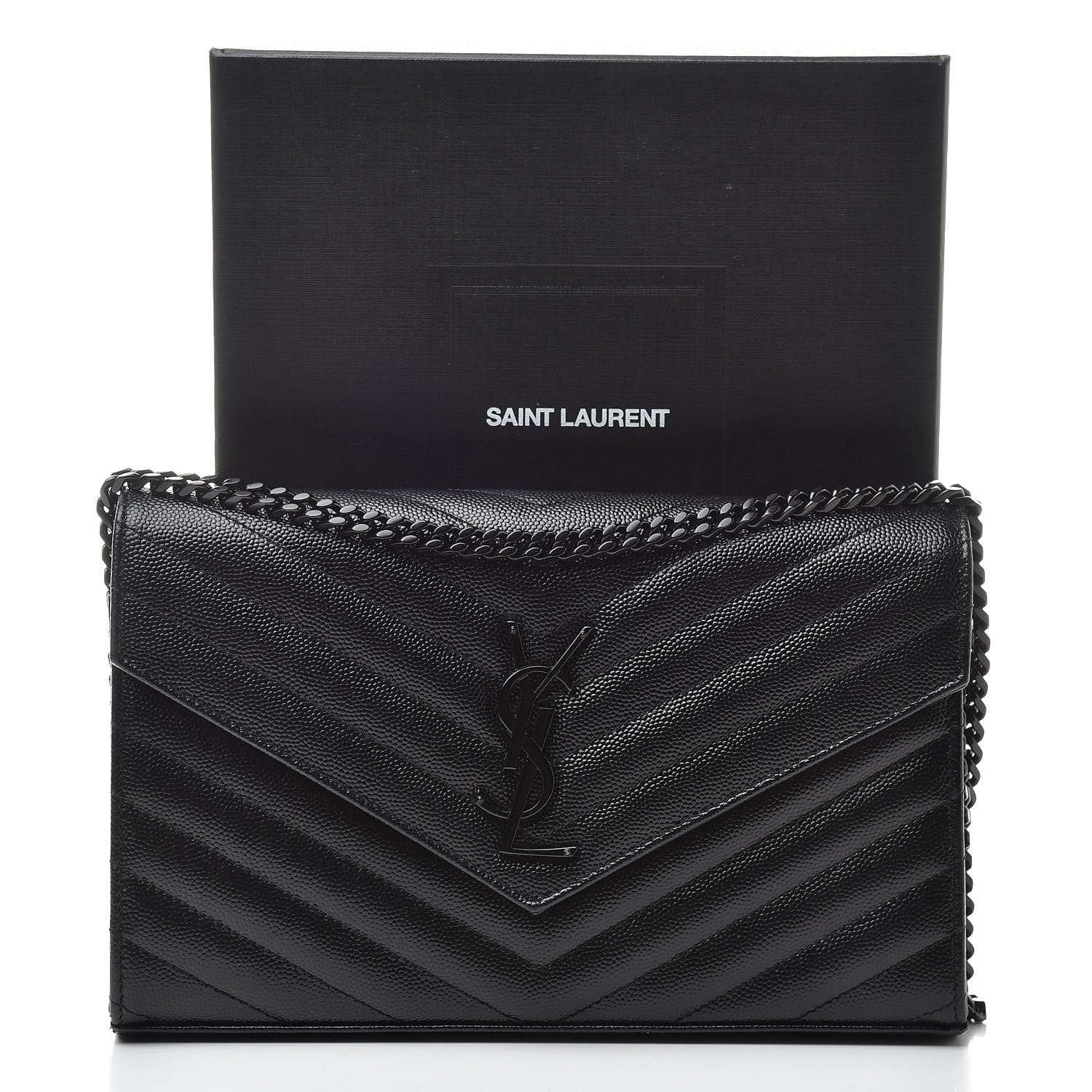 Saint Laurent Grain De Poudre Matelasse Chevron Monogram Chain Wallet Black 12 of 12