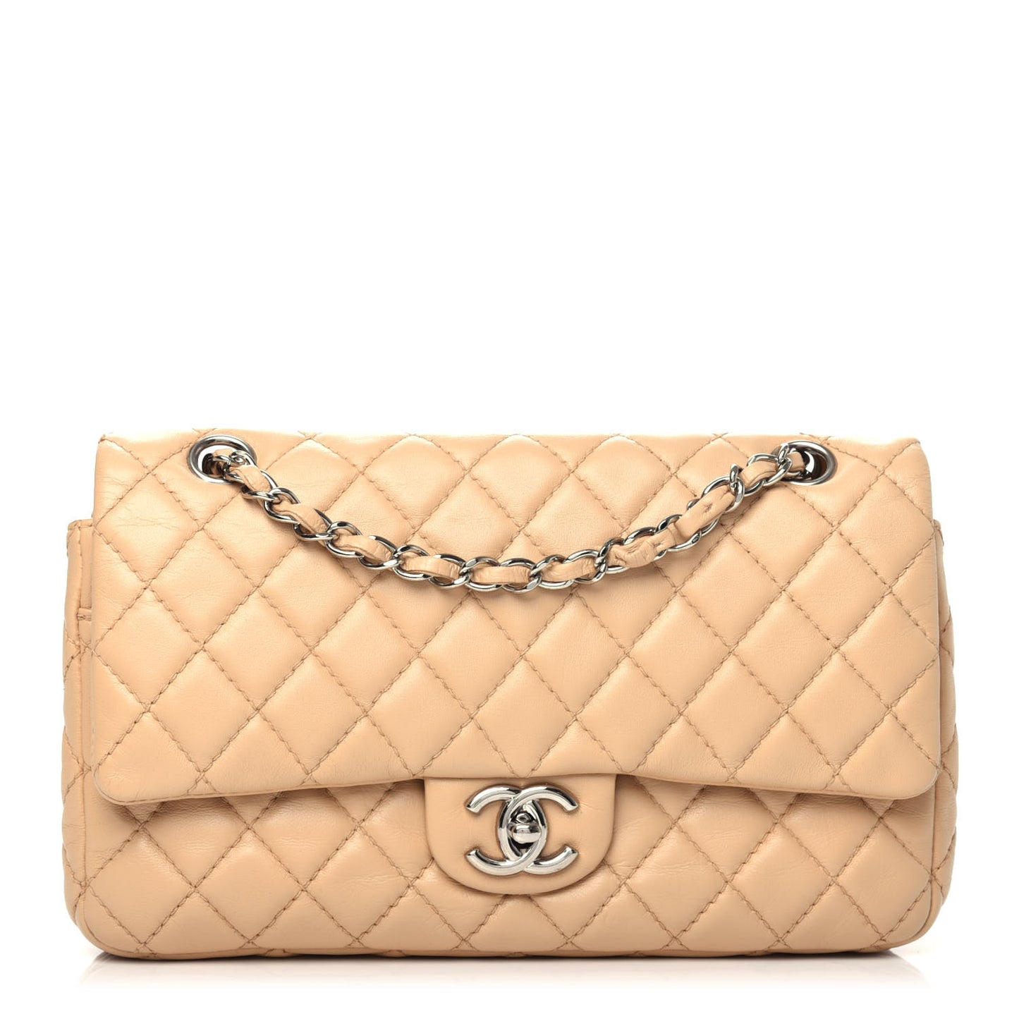 Lambskin Quilted Medium Double Flap Beige