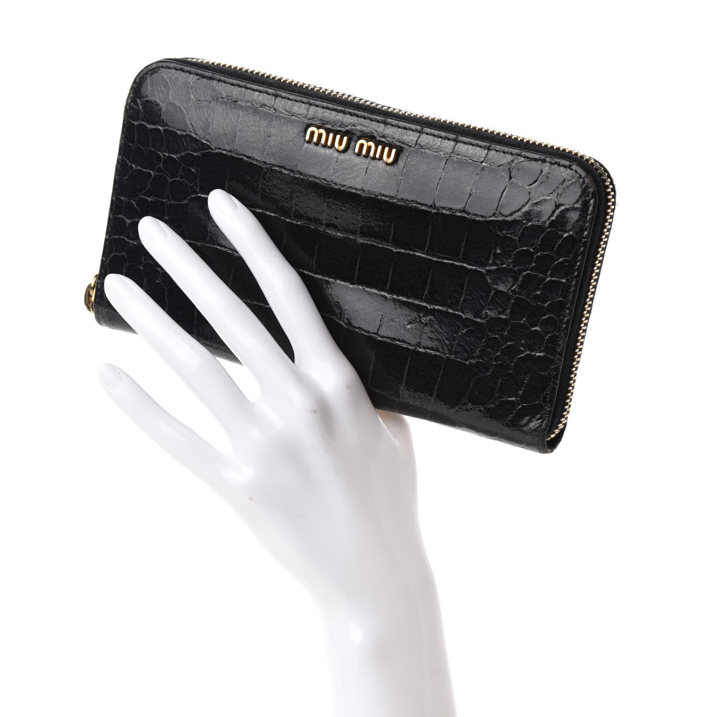 Vernice Crocodile Embossed Calfskin Zip Around Wallet Black