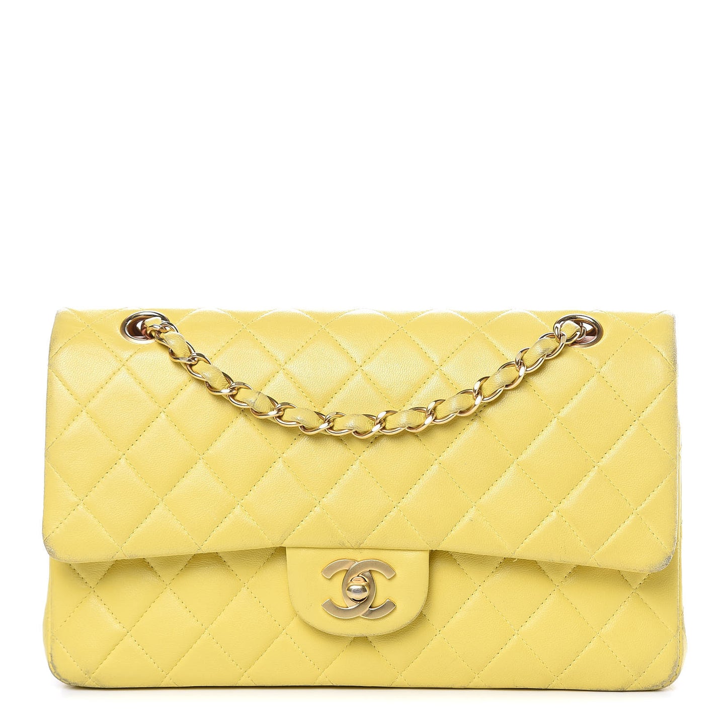 Lambskin Quilted Medium Double Flap Yellow