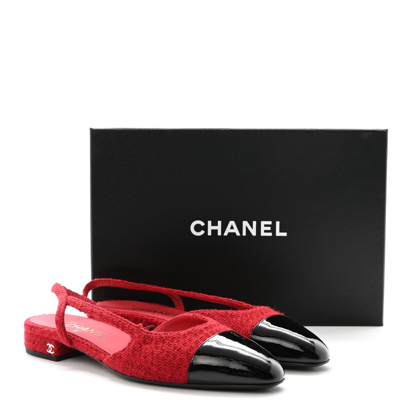 Tweed Patent Cap Toe CC Slingback Flats 39 Red Black