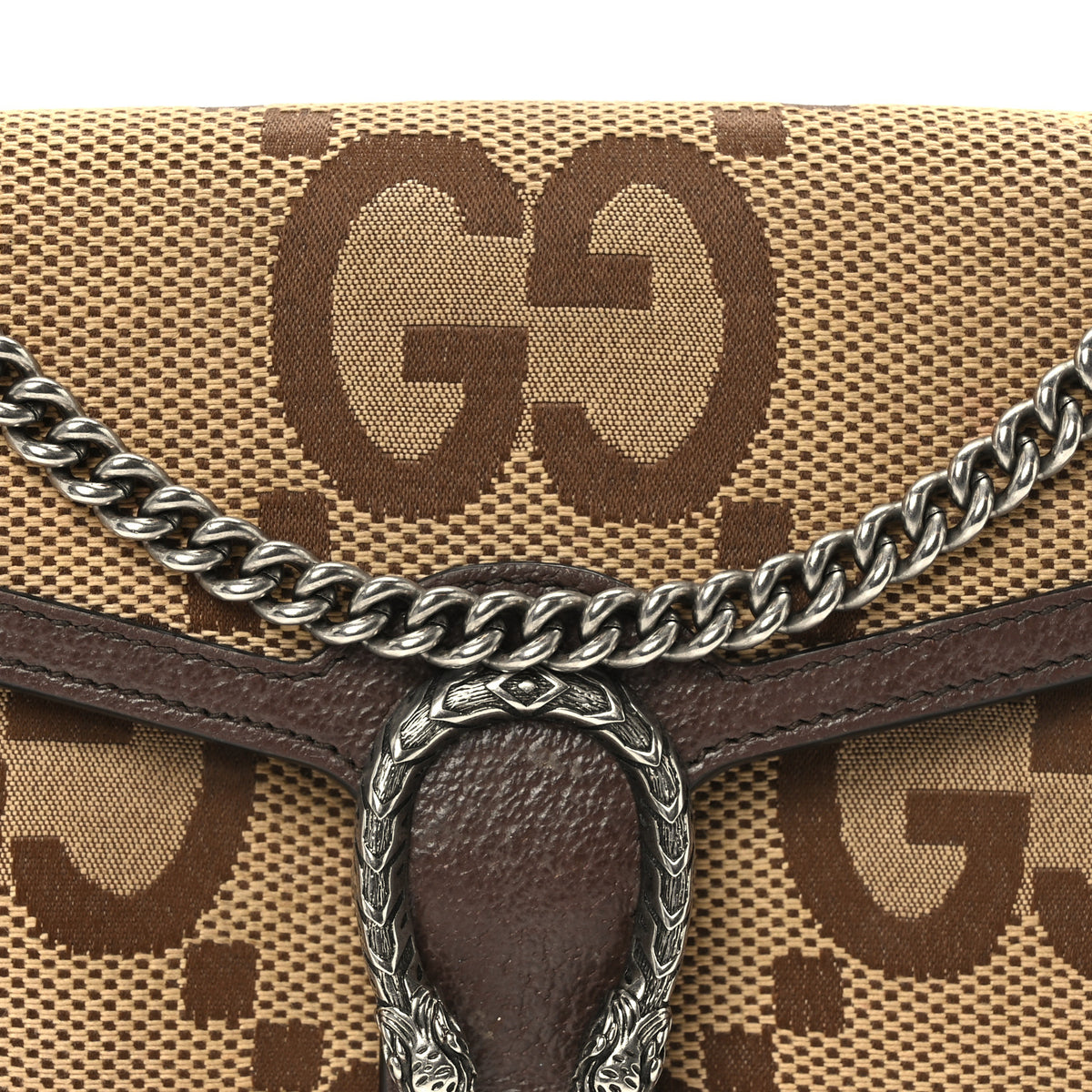 Gucci Monogram Jumbo GG Textured Dollar Calfskin Mini Dionysus Chain Wallet Camel Ebony New Acero 7 of 9