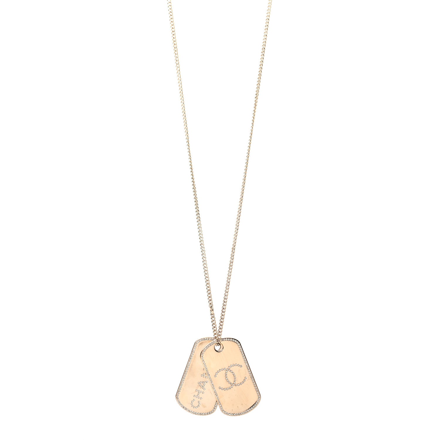 Chanel Metal Crystal Dog Tag Charm Necklace Gold 1 of 5
