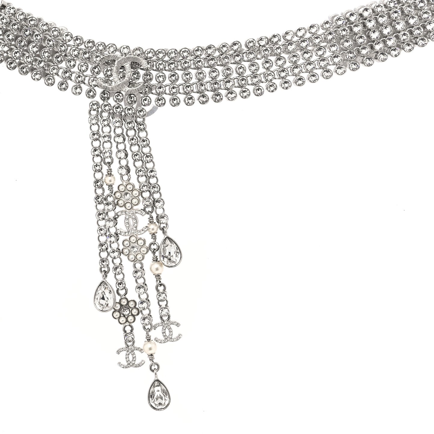 Crystal Pearl CC Choker Necklace Silver