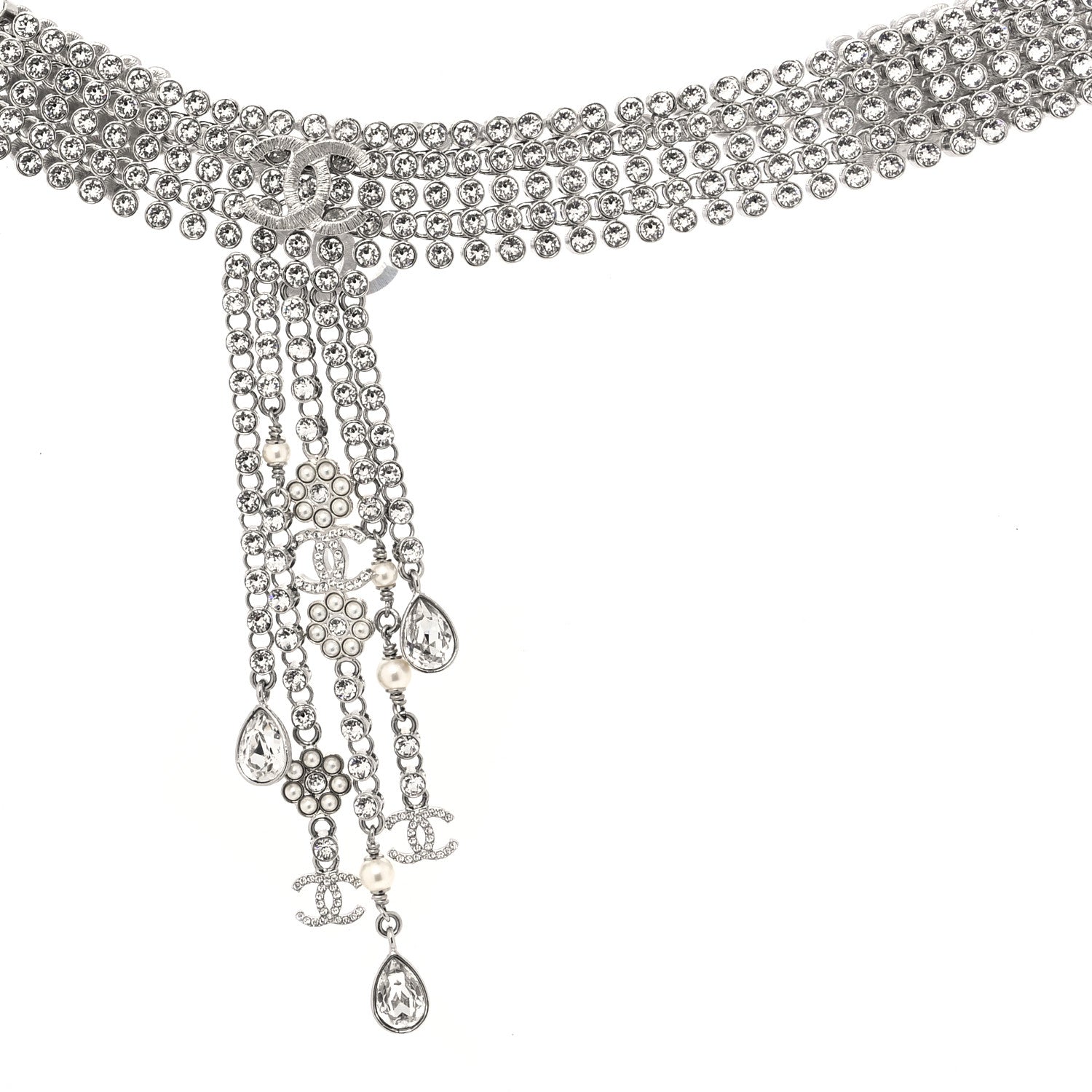 Chanel Crystal Pearl CC Choker Necklace Silver 2 of 3