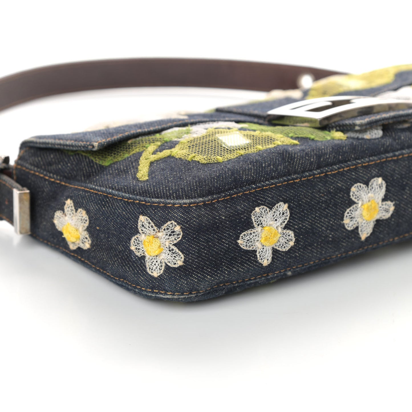 Denim Flower Applique Baguette Blue