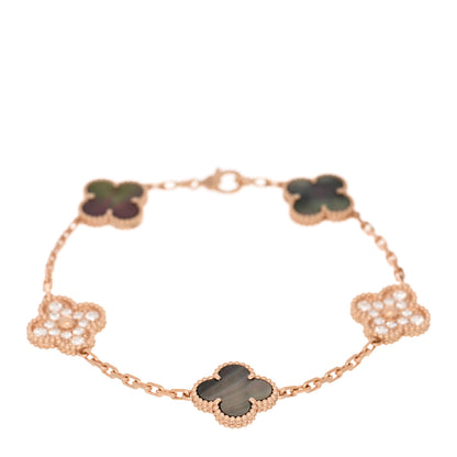 Van Cleef & Arpels 18K Rose Gold Diamond Gray Mother of Pearl 5 Motifs Vintage Alhambra Bracelet 1 of 4