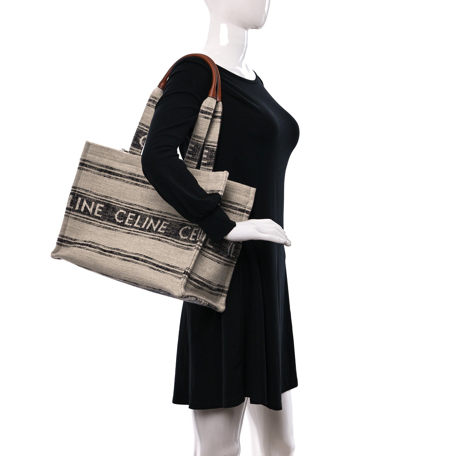 Celine Jacquard Striped Large Cabas Thais White Black 2 of 9