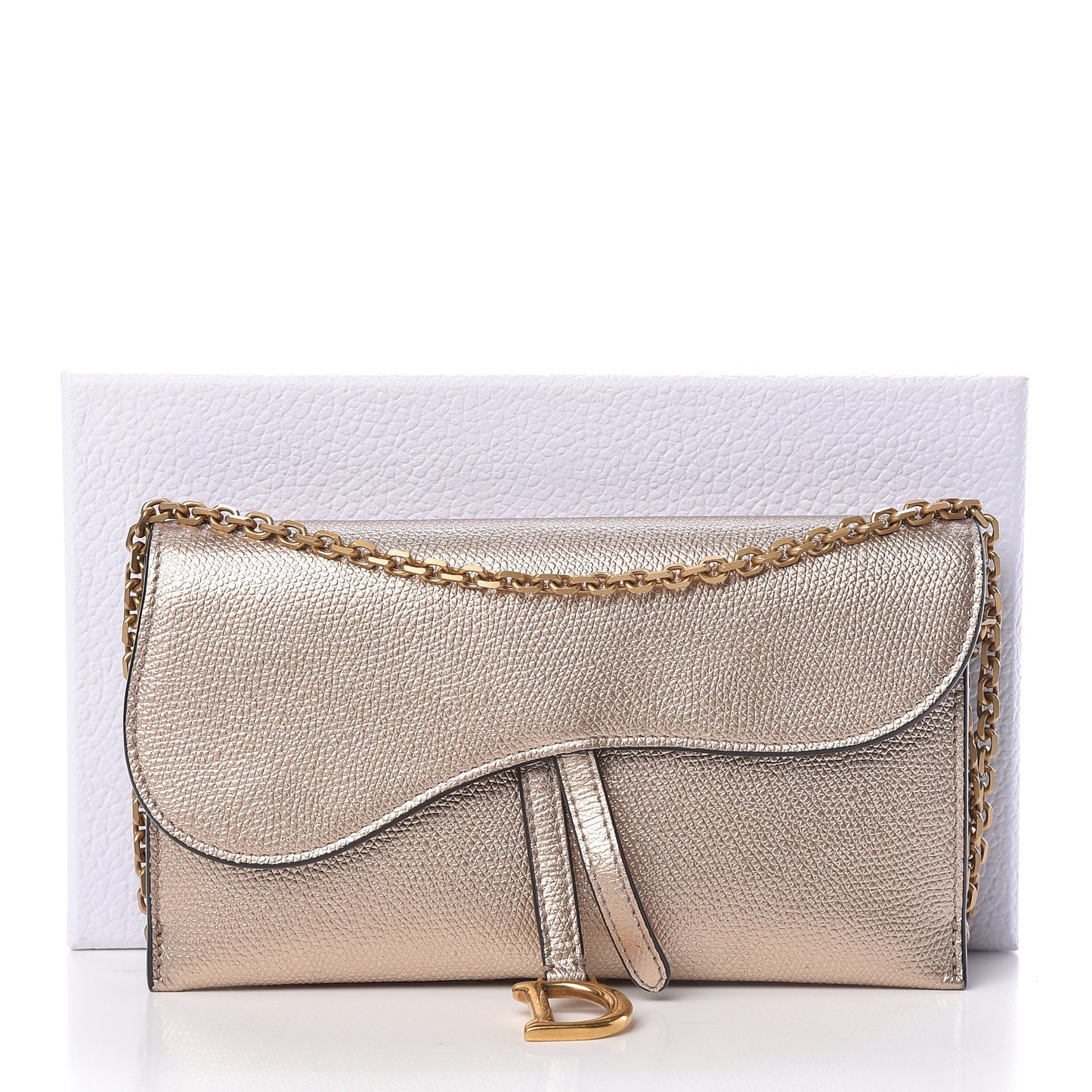 Metallic Calfskin Saddle Chain Wallet Gold