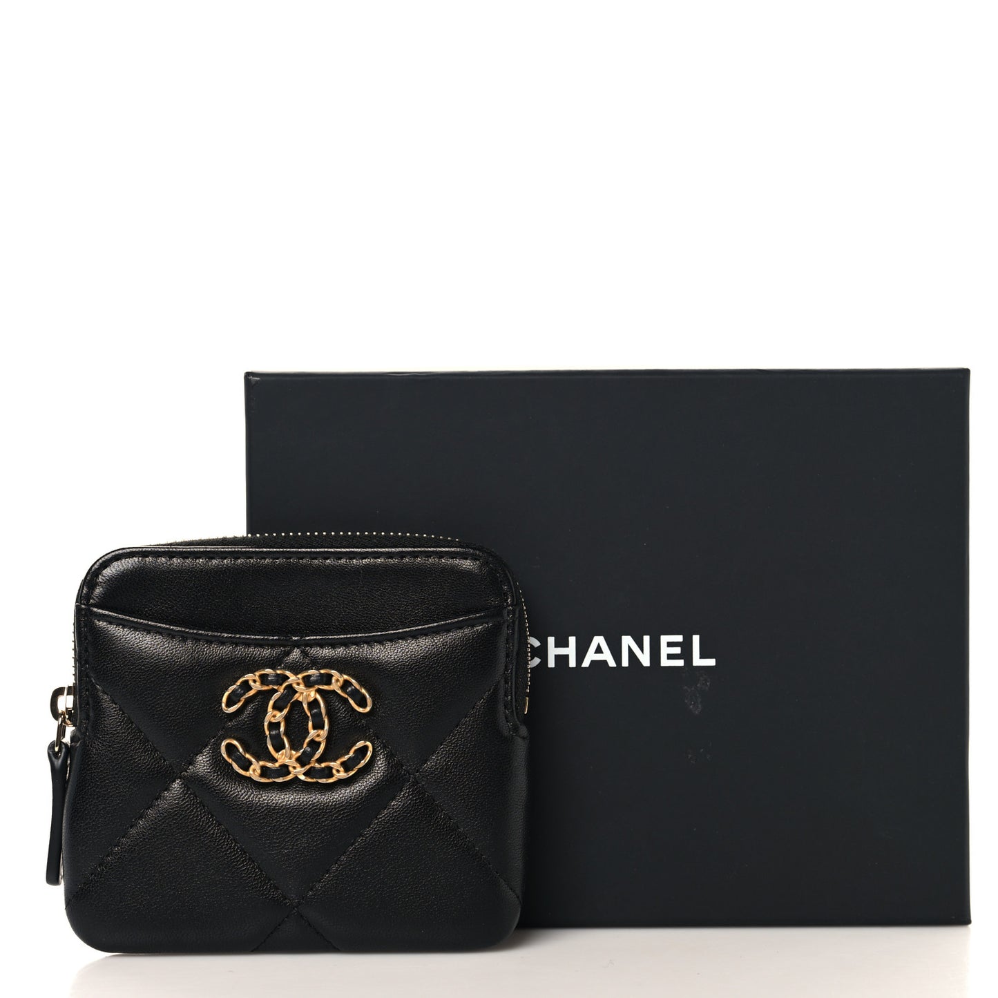 Lambskin Quilted Chanel 19 Zip Card Holder Wallet Black