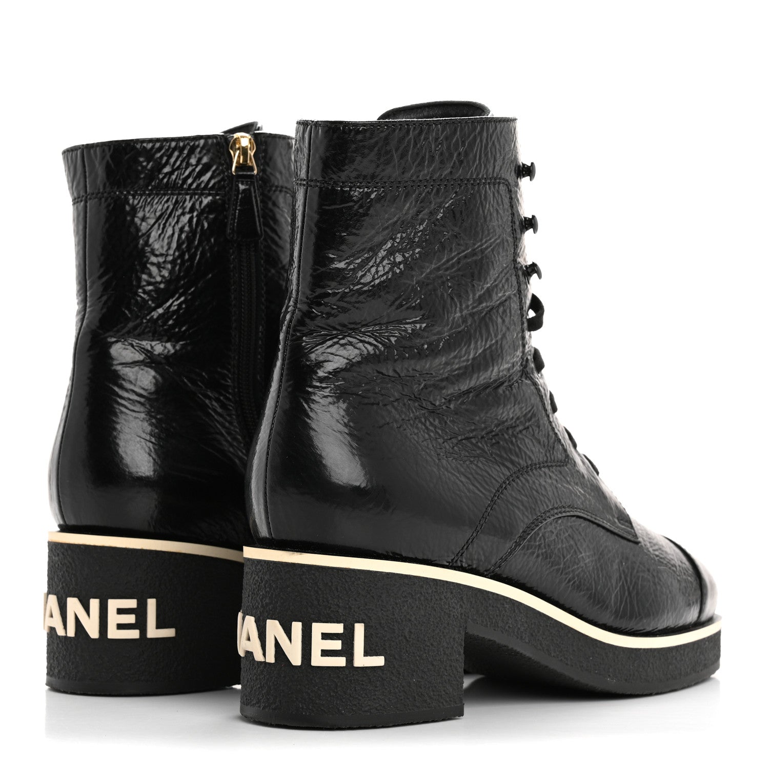 Chanel Shiny Crumpled Lambskin Lace Up Combat Boots 42 Black 5 of 10