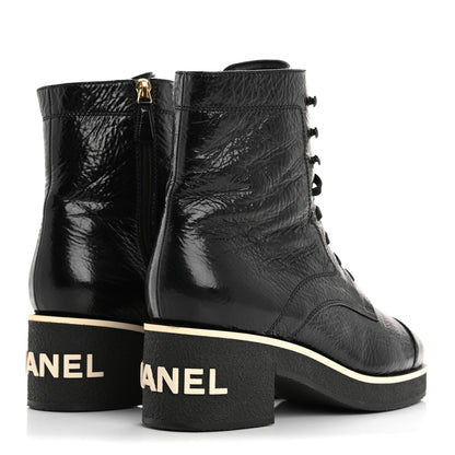 Chanel Shiny Crumpled Lambskin Lace Up Combat Boots 42 Black 5 of 10