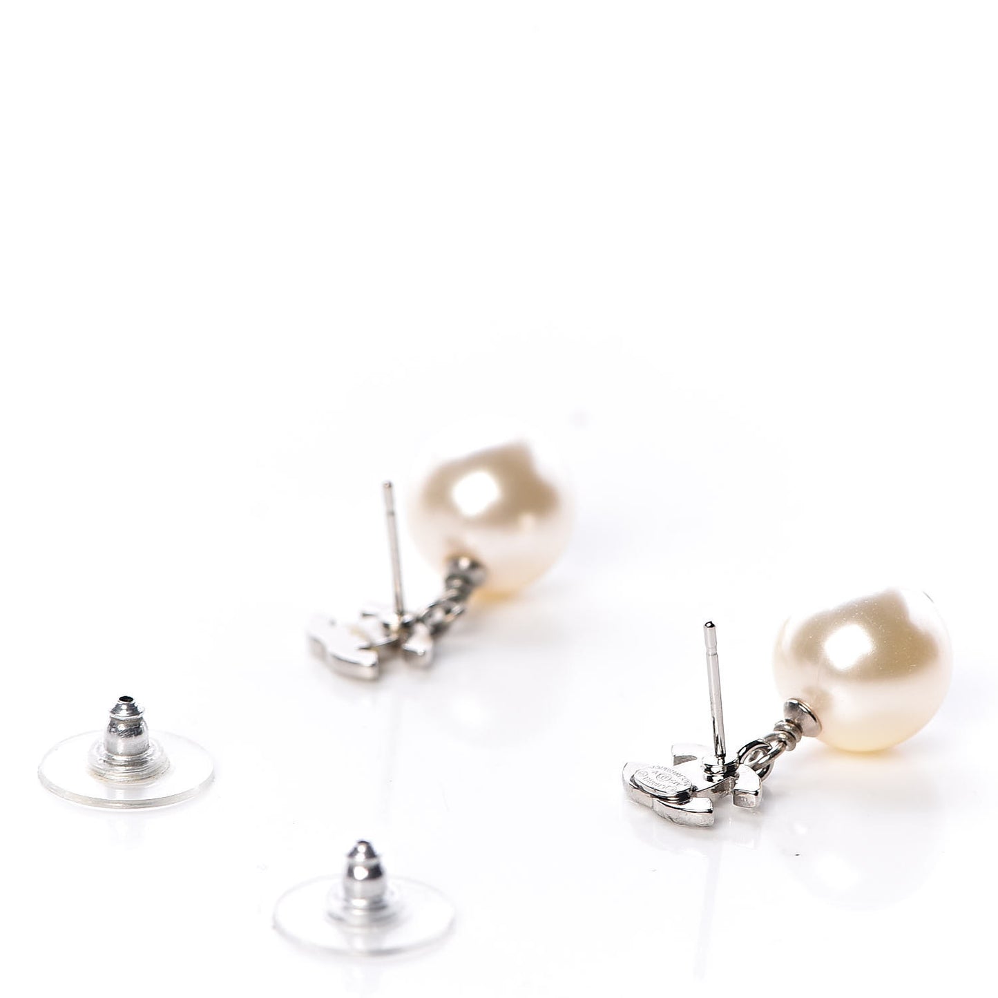Crystal Pearl CC Drop Earrings Silver Pearly White