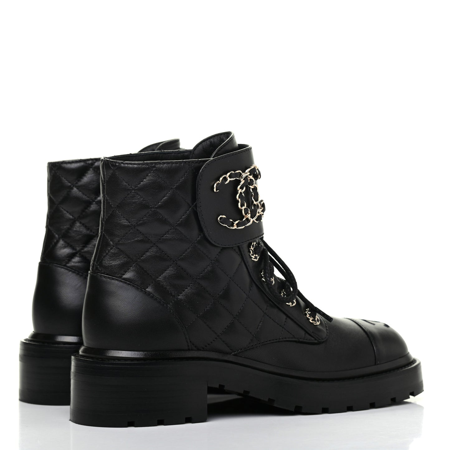 Shiny Lambskin Quilted Lace Up Combat Boots 36.5 Black