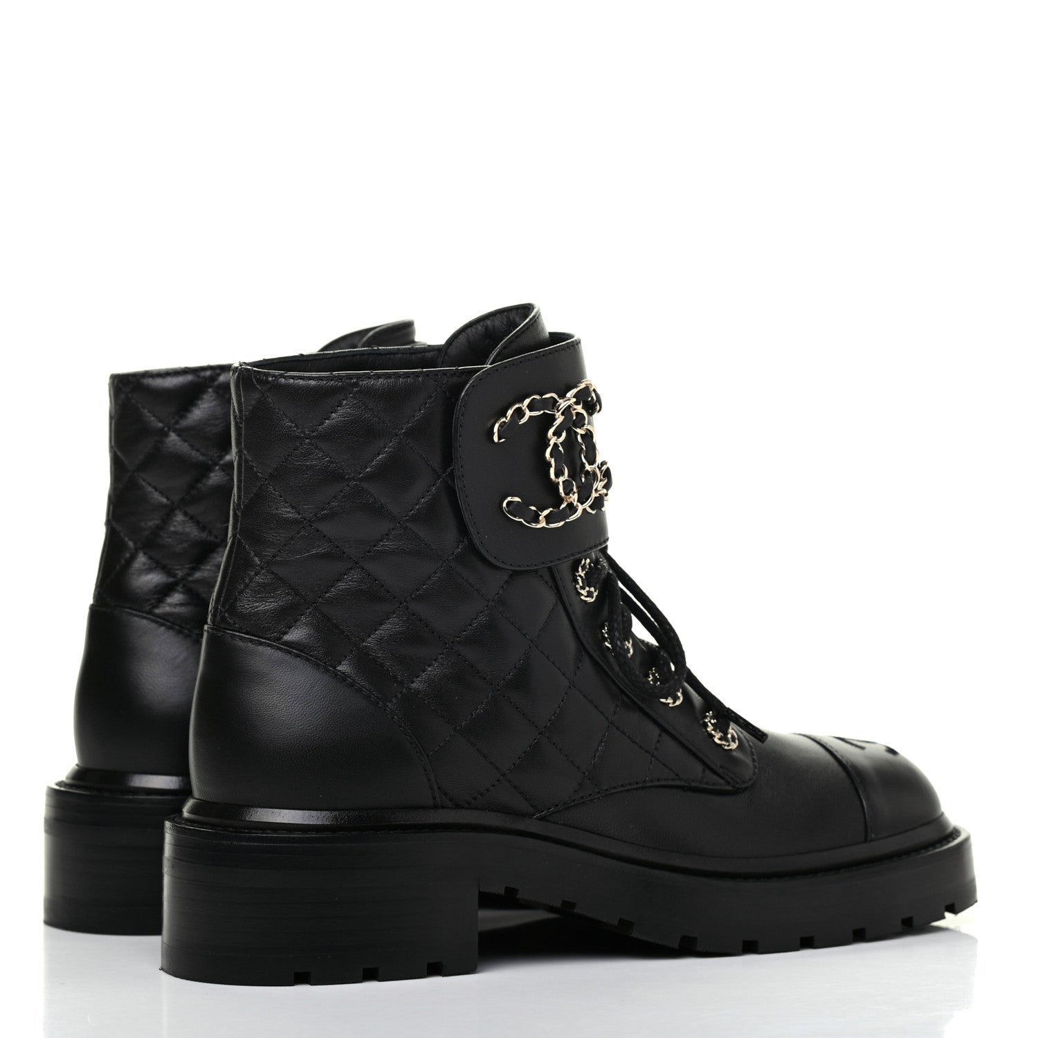 Chanel Shiny Lambskin Quilted Lace Up Combat Boots 36.5 Black 4 of 13