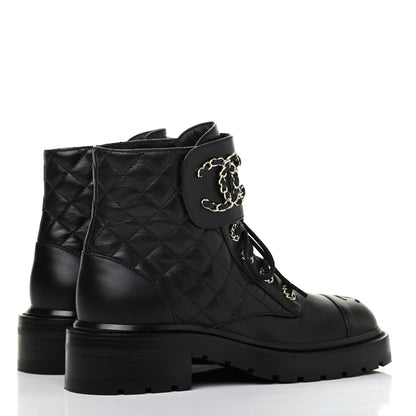 Chanel Shiny Lambskin Quilted Lace Up Combat Boots 36.5 Black 4 of 13