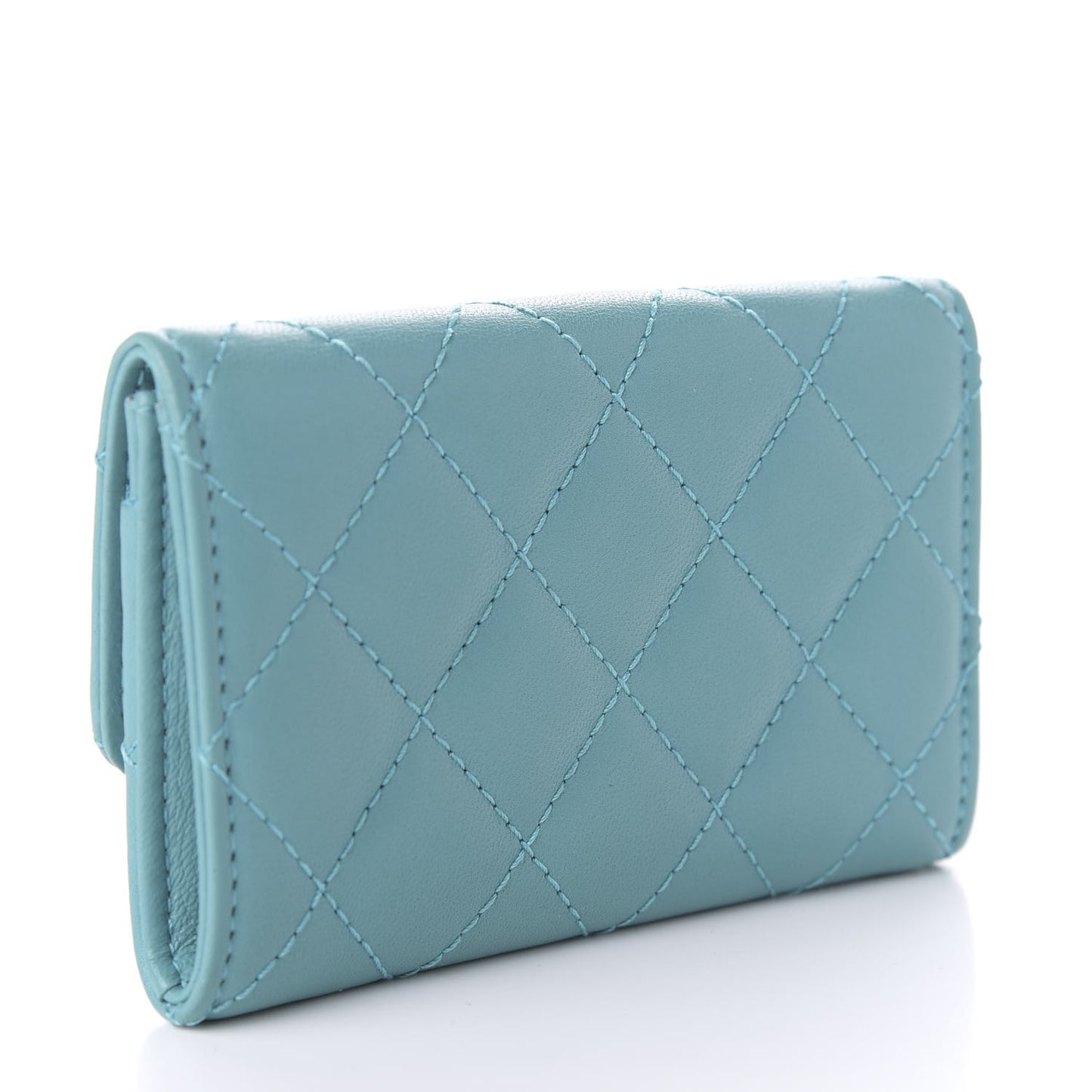 Lambskin Quilted Flap Card Holder Turquoise