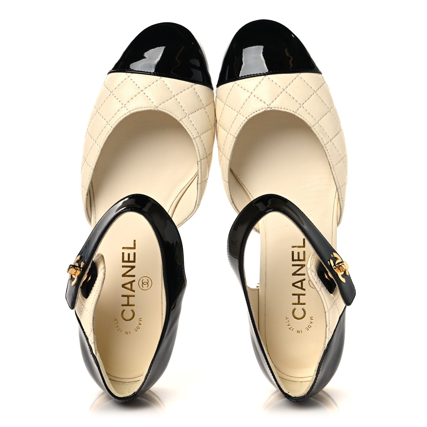 Patent Lambskin Quilted Cap Toe Ballerina Flats 37.5 Ivory Black