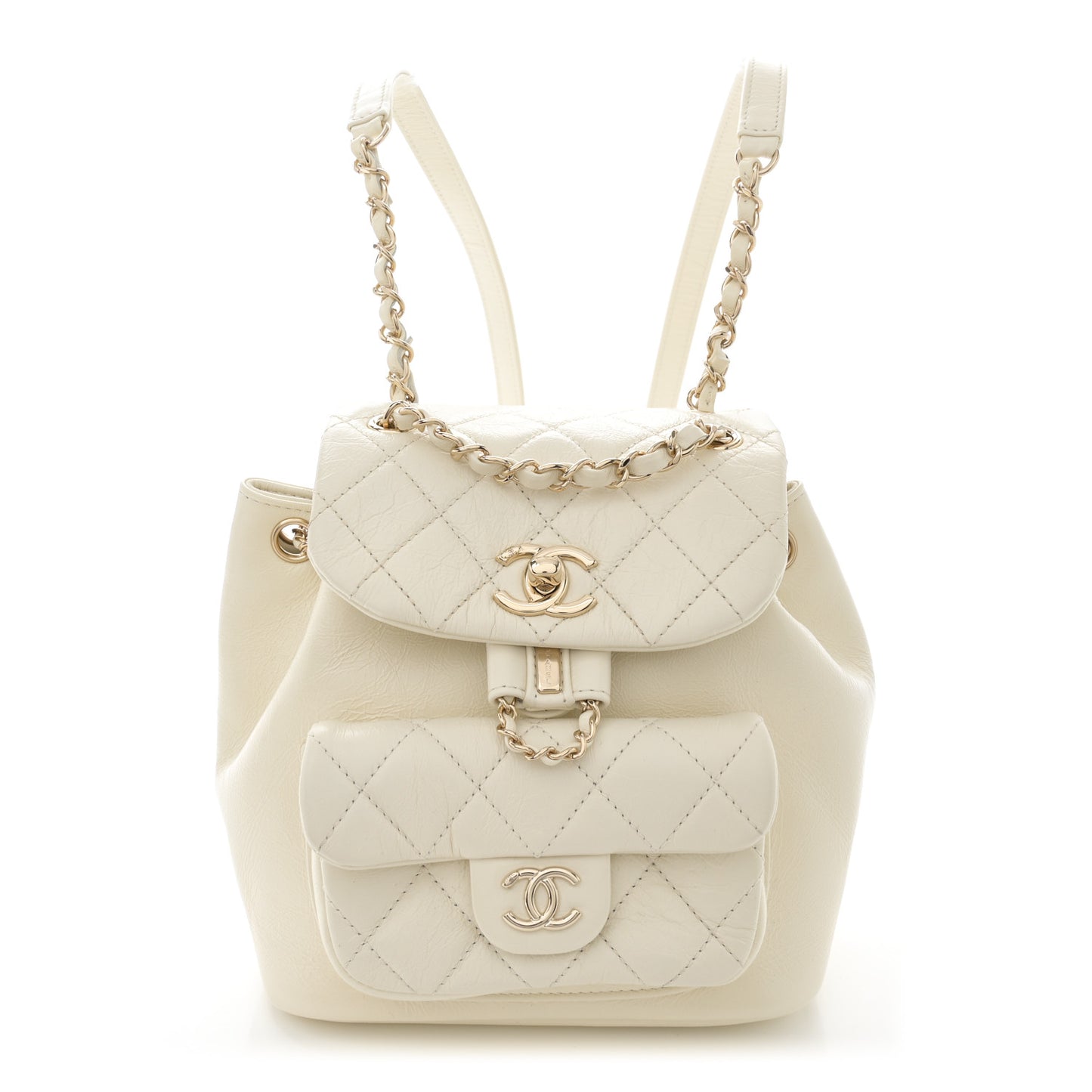 Glazed Aged Calfskin Quilted Small Duma Drawstring Backpack White