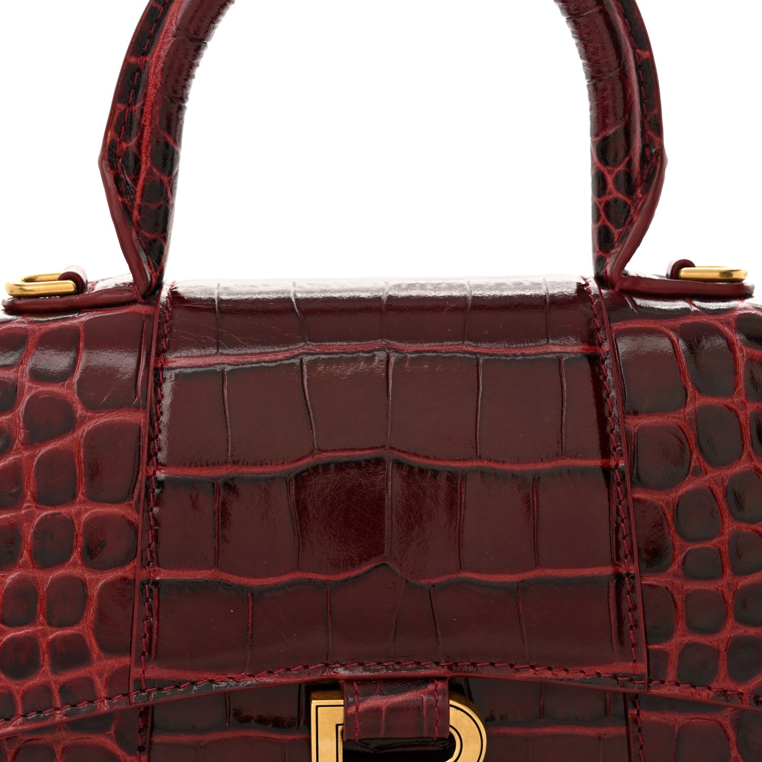 Balenciaga Shiny Calfskin Crocodile Embossed Hourglass Top Handle Bag XS Dark Red 8 of 14