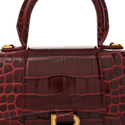 Balenciaga Shiny Calfskin Crocodile Embossed Hourglass Top Handle Bag XS Dark Red 8 of 14