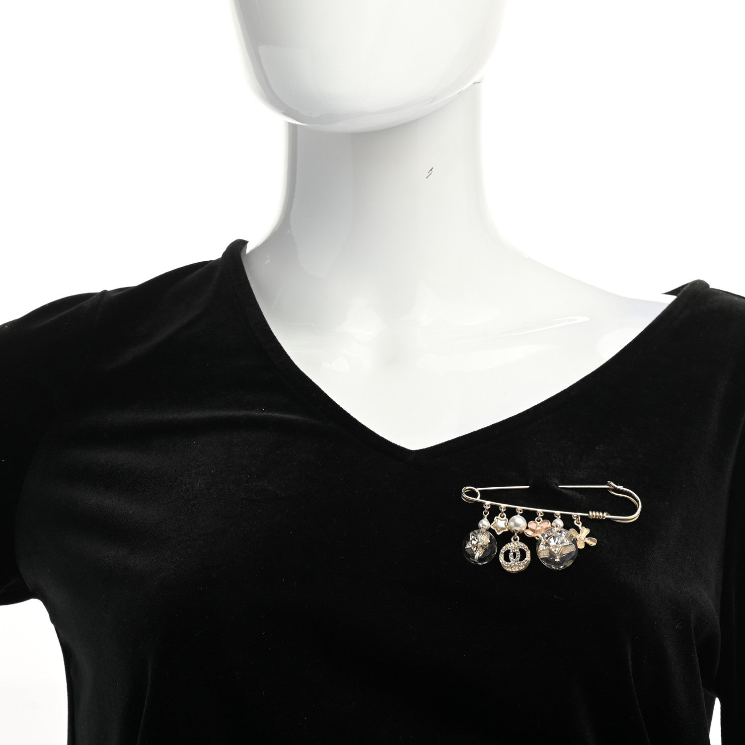 Chanel Pearl Crystal Resin CC Charms Safety Pin Brooch Gold 2 of 4
