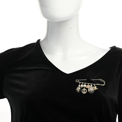 Chanel Pearl Crystal Resin CC Charms Safety Pin Brooch Gold 2 of 4