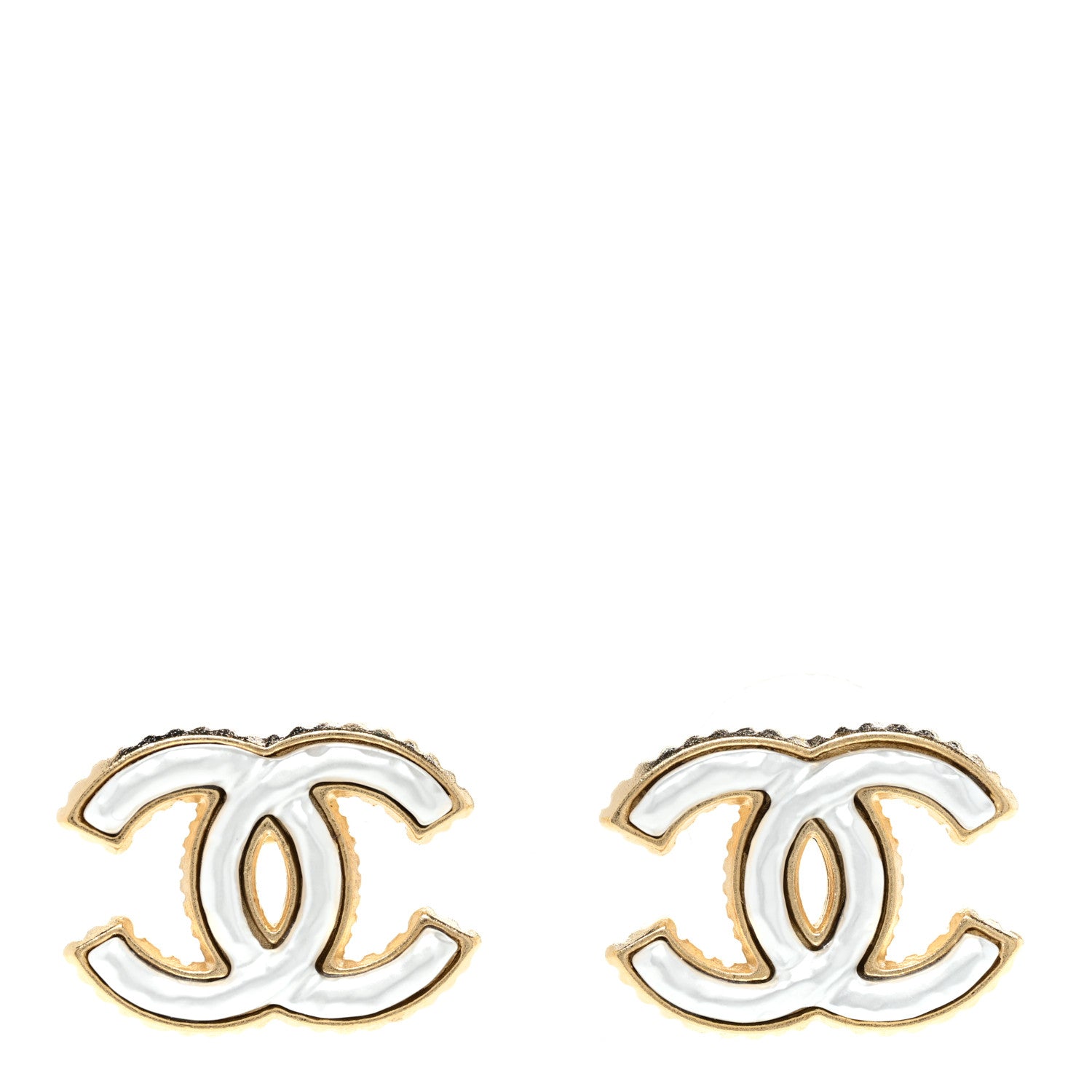 Chanel Metal Enamel CC Earrings Gold White 1 of 5