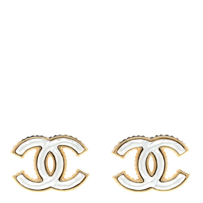 Chanel Metal Enamel CC Earrings Gold White 1 of 5