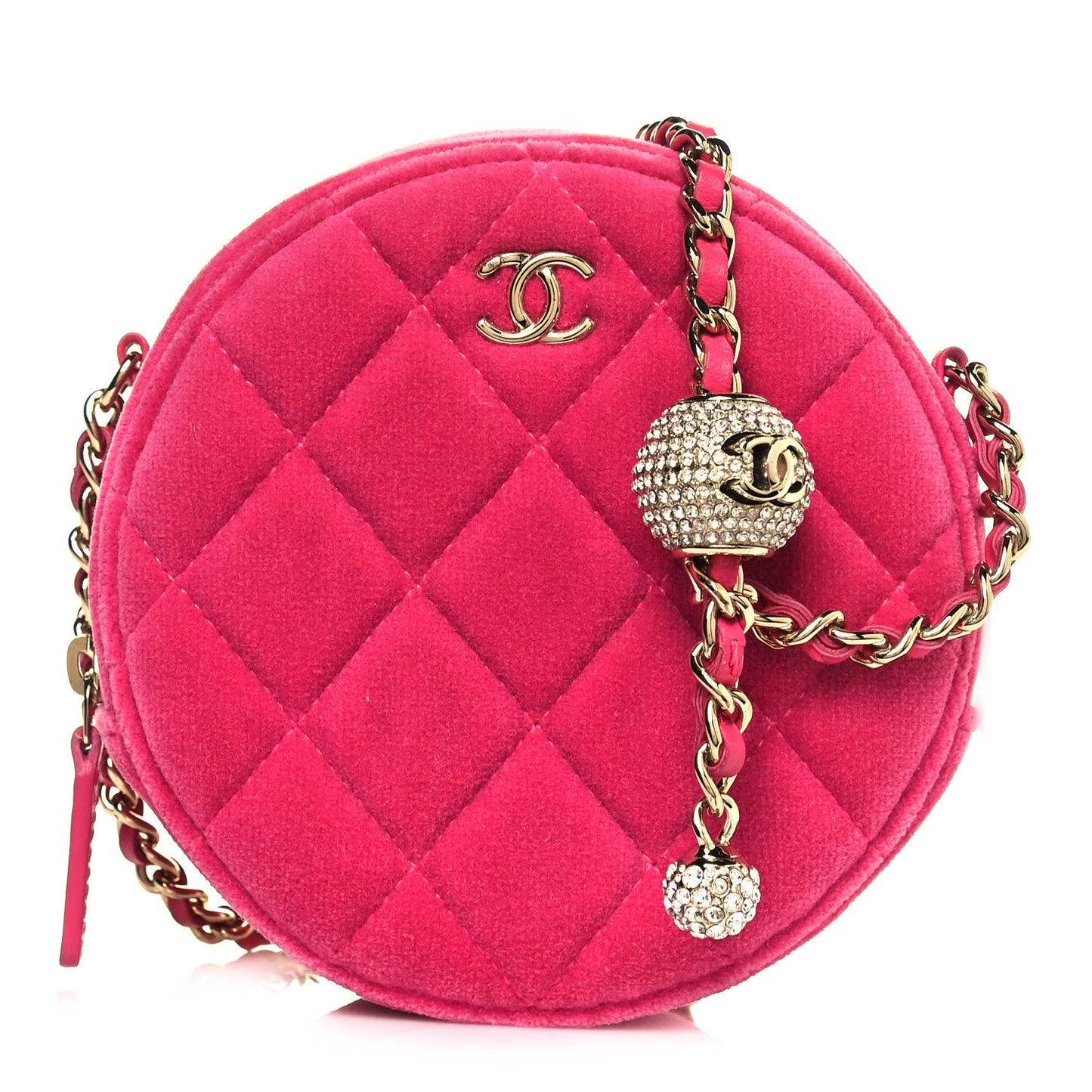 Velvet Round Quilted Pearl Crush Clutch With Chain Pink