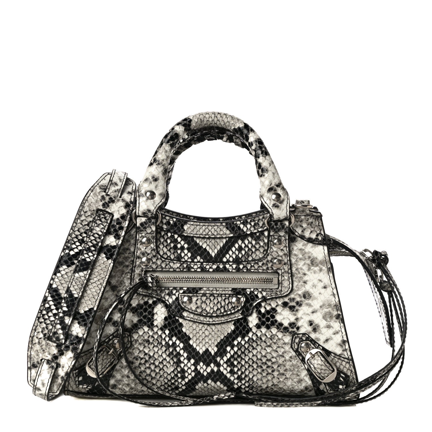 Balenciaga Grained Calfskin Snake Effect Neo Classic Silver Hardware Mini City Black White 1 of 8