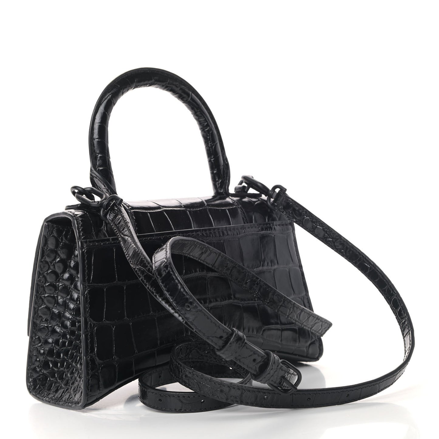 Shiny Calfskin Monochrome Crocodile Embossed Hourglass Top Handle Bag XS Black