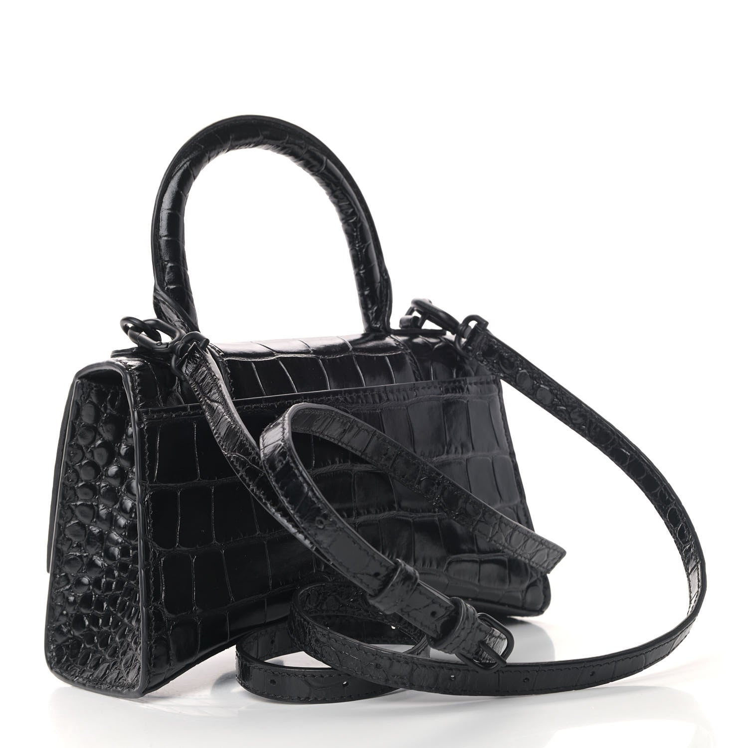 Balenciaga Shiny Calfskin Monochrome Crocodile Embossed Hourglass Top Handle Bag XS Black 2 of 7