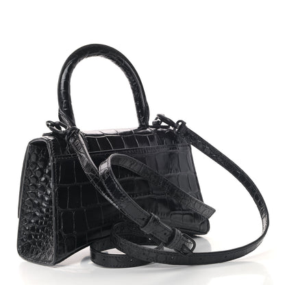 Balenciaga Shiny Calfskin Monochrome Crocodile Embossed Hourglass Top Handle Bag XS Black 2 of 7