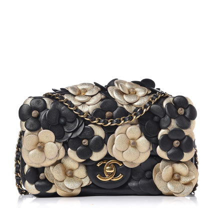 Chanel Metallic Lambskin Quilted Mini Camellia Flap Black Gold 1 of 8