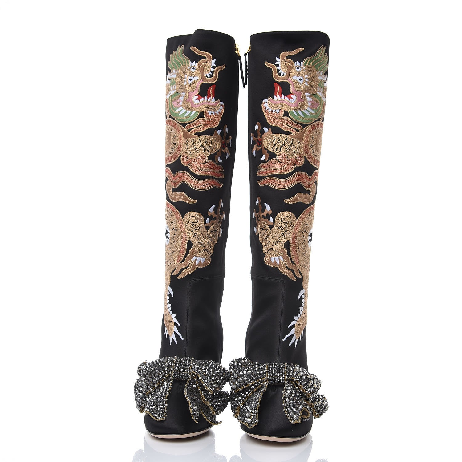 Gucci Silk Satin Malaga Kid Embroidered Candy Dragon Block-Heel Knee Boot 37.5 Black 3 of 8