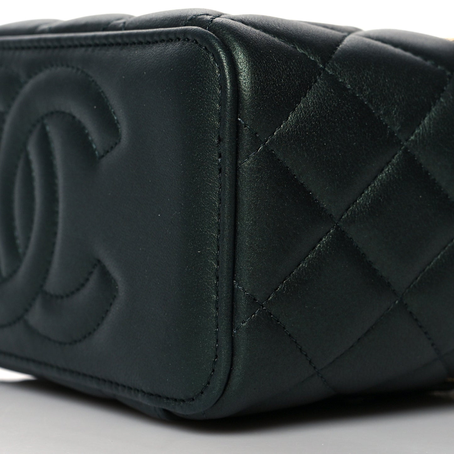 Iridescent Lambskin Quilted Small Top Handle Vanity Case With Chain Dark Green