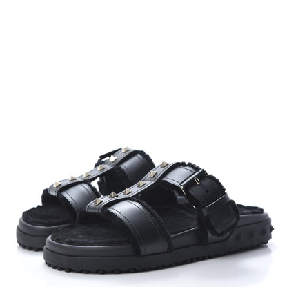 Valentino Garavani Shearling Rockstud Slide Sandals 38 Black 3 of 9
