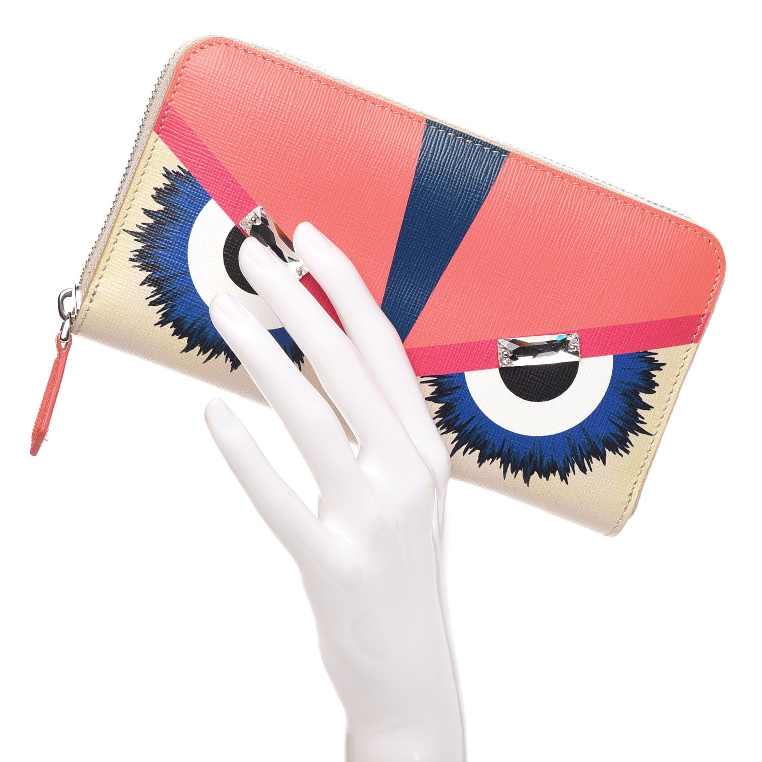 Fendi Vitello Elite Crystal Eye Monster Zip Around Wallet Bellini Multicolor 2 of 10