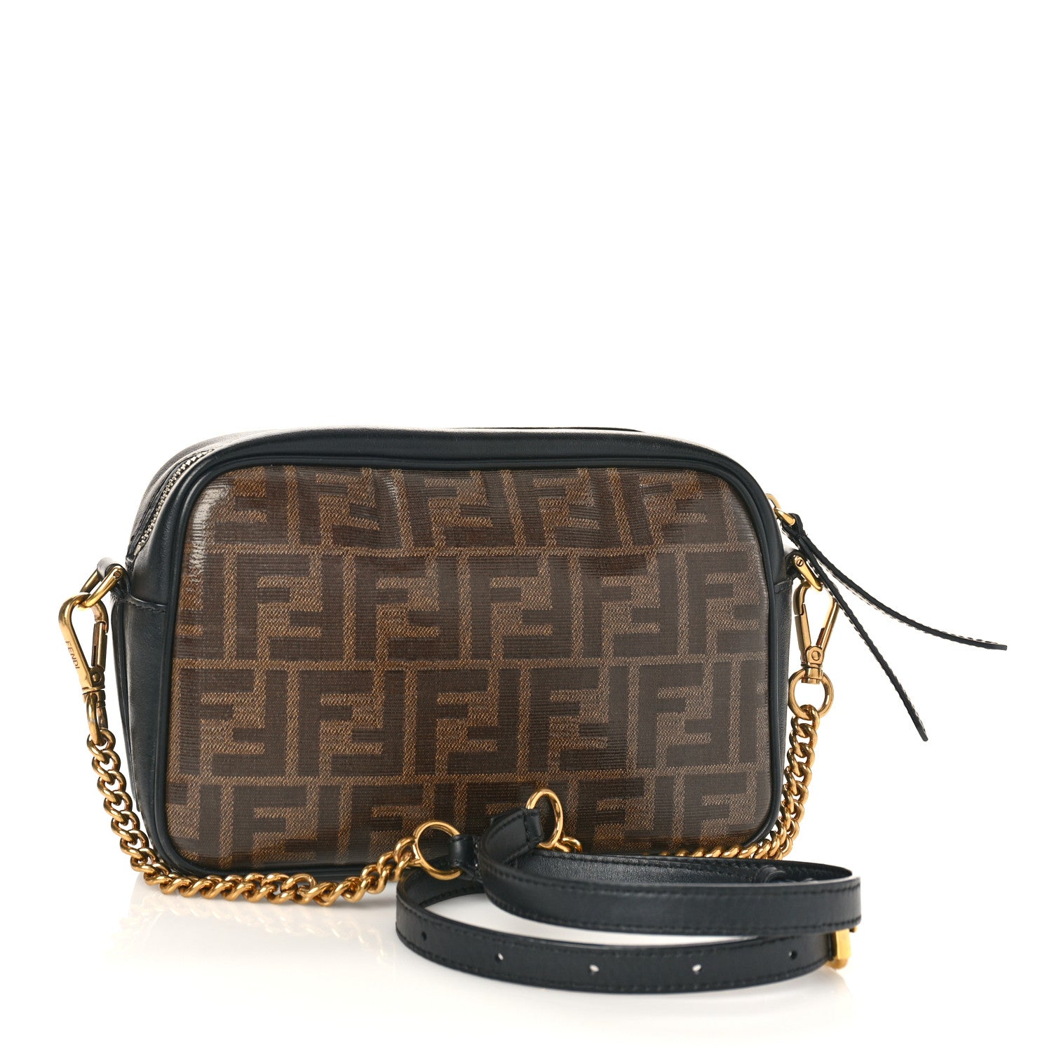 Fendi Glazed Fabric Vitello Century FF 1974 Stamp Patch Camera Case Mogano Panna Black 3 of 8