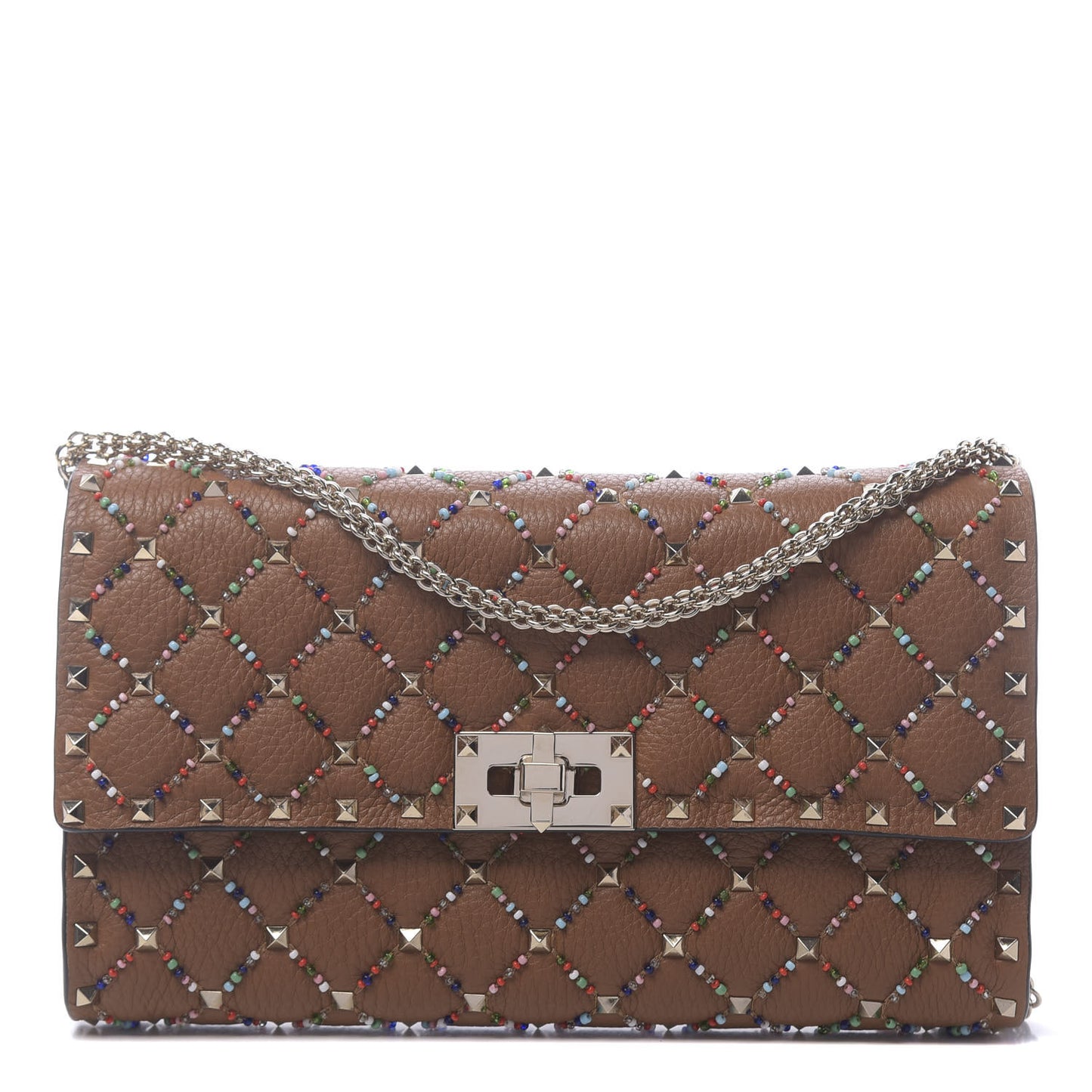 Grained Calfskin Beaded Rockstud Spike Wallet on Chain Light Cuir