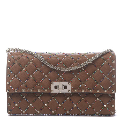 Valentino Garavani Grained Calfskin Beaded Rockstud Spike Wallet on Chain Light Cuir 1 of 11